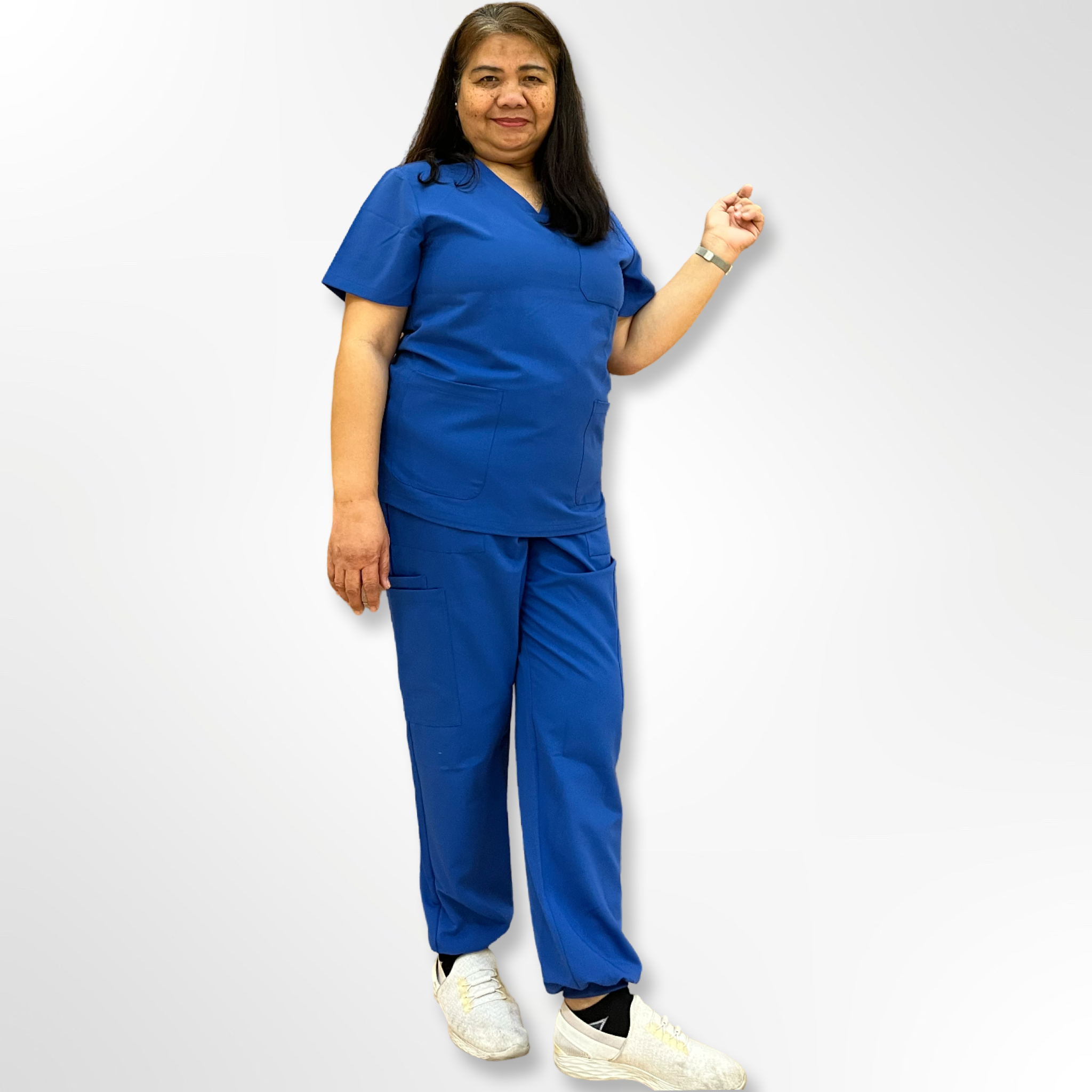 WOMEN'S SCRUB SET  V-NECK TUCKABLE DESIGN SCRUB TOP + HIGH RISE JOGGER PANTS -8 POCKETS